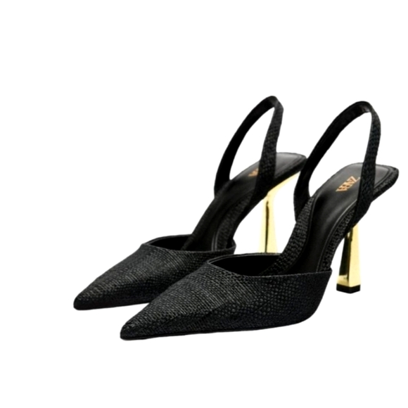NWT ZARA RAFFIA HIGH HEEL SLINGBACKS BLACK / GOLD SIZE:9 OR SIZE: 40 - Picture 1 of 5